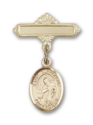 Pin Badge with St. Alphonsus Charm and Polished Engravable Badge Pin - 14K Solid Gold