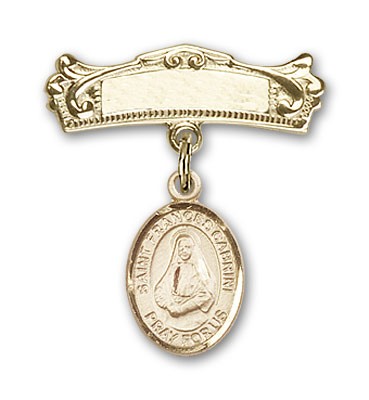 Pin Badge with St. Frances Cabrini Charm and Arched Polished Engravable Badge Pin - 14K Solid Gold