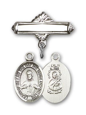 Pin Badge with Scapular Charm and Polished Engravable Badge Pin - Silver tone