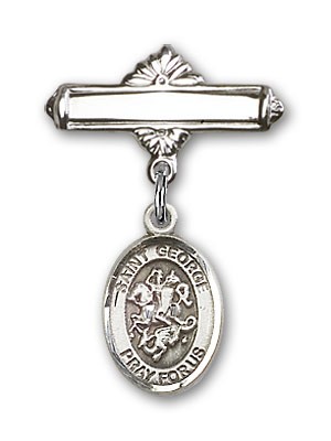 Pin Badge with St. George Charm and Polished Engravable Badge Pin - Silver tone