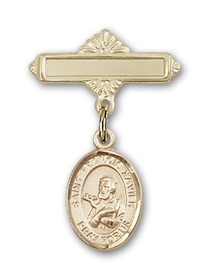 Pin Badge with St. Francis Xavier Charm and Polished Engravable Badge Pin - 14K Solid Gold