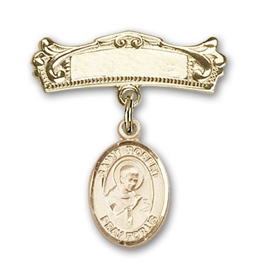 Pin Badge with St. Robert Bellarmine Charm and Arched Polished Engravable Badge Pin - Gold Tone
