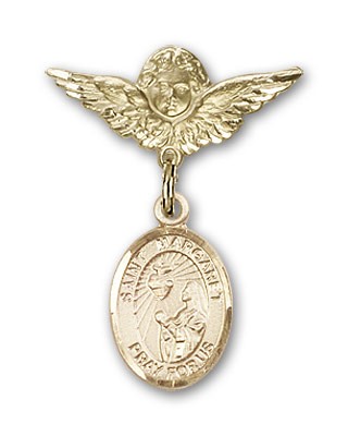 Pin Badge with St. Margaret Mary Alacoque Charm and Angel with Smaller Wings Badge Pin - 14K Solid Gold