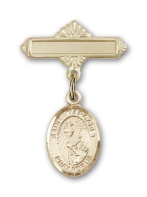 Pin Badge with St. Margaret Mary Alacoque Charm and Polished Engravable Badge Pin - 14K Solid Gold