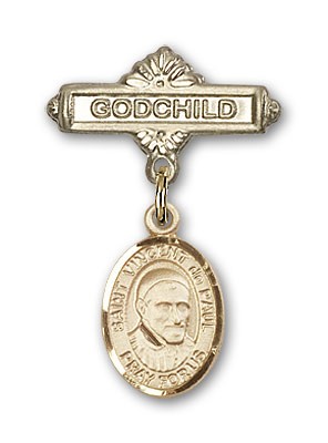 Pin Badge with St. Vincent de Paul Charm and Godchild Badge Pin - Gold Tone