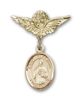 Pin Badge with St. Placidus Charm and Angel with Smaller Wings Badge Pin - Gold Tone