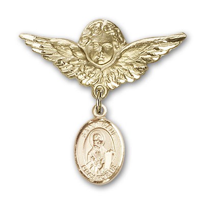 Pin Badge with St. Paul the Apostle Charm and Angel with Larger Wings Badge Pin - 14K Solid Gold