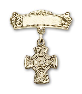 Pin Badge with 5-Way Charm and Arched Polished Engravable Badge Pin - 14K Solid Gold