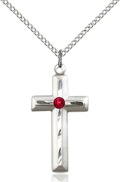 Matte and Polished Cross Pendant with Birthstone Options - Ruby Red
