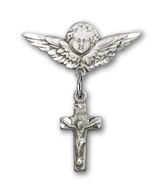Pin Badge with Crucifix Charm and Angel with Smaller Wings Badge Pin - Silver tone