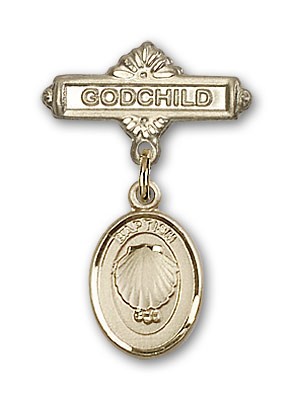 Baby Pin with Baptism Charm and Godchild Badge Pin - 14K Solid Gold