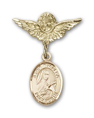 Pin Badge with St. Theresa Charm and Angel with Smaller Wings Badge Pin - Gold Tone