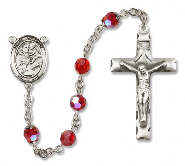 St. Anthony of Padua Sterling Silver Heirloom Rosary Squared Crucifix - Ruby Red