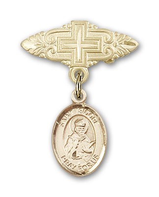 Pin Badge with St. Isidore of Seville Charm and Badge Pin with Cross - 14K Solid Gold