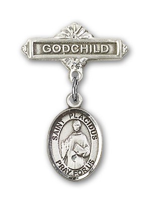 Pin Badge with St. Placidus Charm and Godchild Badge Pin - Silver tone