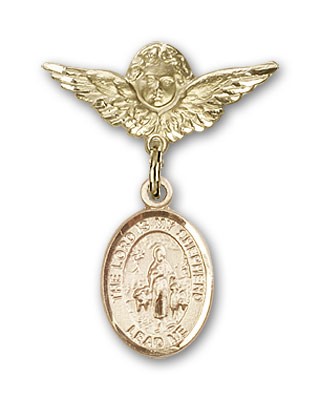 Pin Badge with Lord Is My Shepherd Charm and Angel with Smaller Wings Badge Pin - 14K Solid Gold