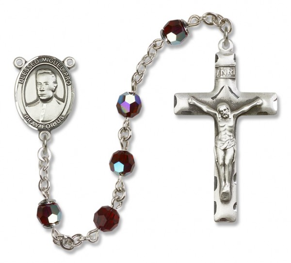 Blessed Miguel Pro Sterling Silver Heirloom Rosary Squared Crucifix - Garnet