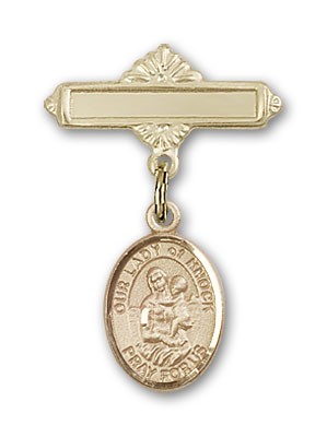 Pin Badge with Our Lady of Knock Charm and Polished Engravable Badge Pin - Gold Tone