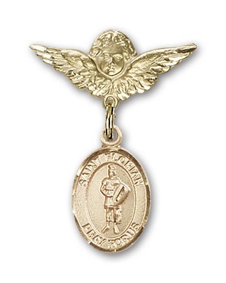 Pin Badge with St. Florian Charm and Angel with Smaller Wings Badge Pin - Gold Tone