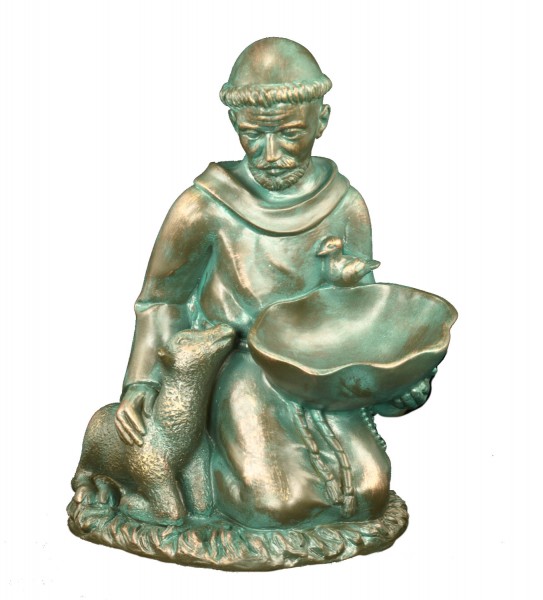 Plastic Saint Francis Bird Feeder Statue - 16 Inch - Patina