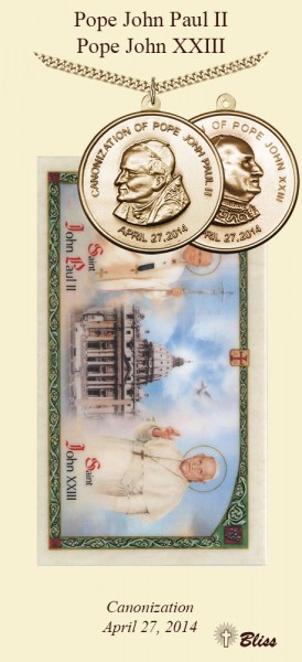 Popes John Paul II &amp; John XXIII Prayer Card - Gold Tone