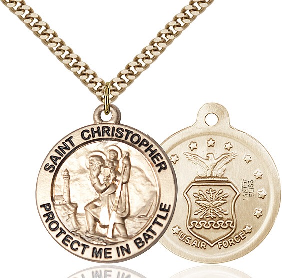 Protect Me In Battle Round St. Christopher Air Force Necklace - 14KT Gold Filled