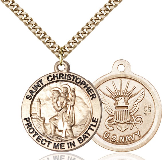 Protect Me In Battle Round St. Christopher Navy Necklace - 14KT Gold Filled