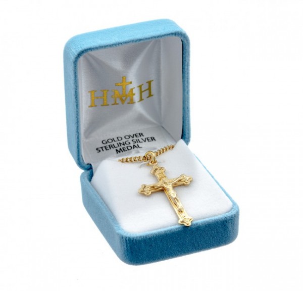 Raised Floral Tip Crucifix Medal Sterling Silver - Gold Plated