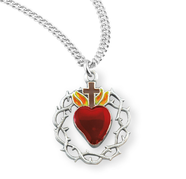 Red Enamel Sacred Heart of Jesus Sterling Silver Medal - Red | Silver