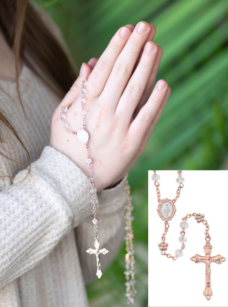Rose and Crystal Miraculous Center Rosary - Clear