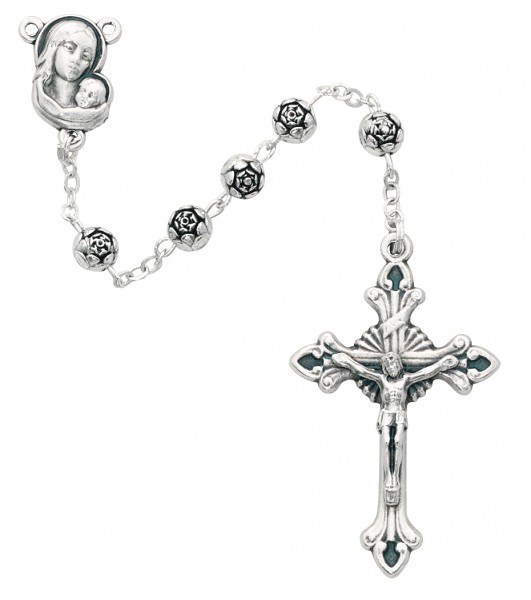 Rosebud Bead Rosary - Silver