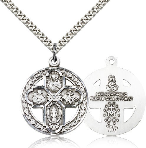 Men's Round Four-Way Cross Medal - Sterling Silver