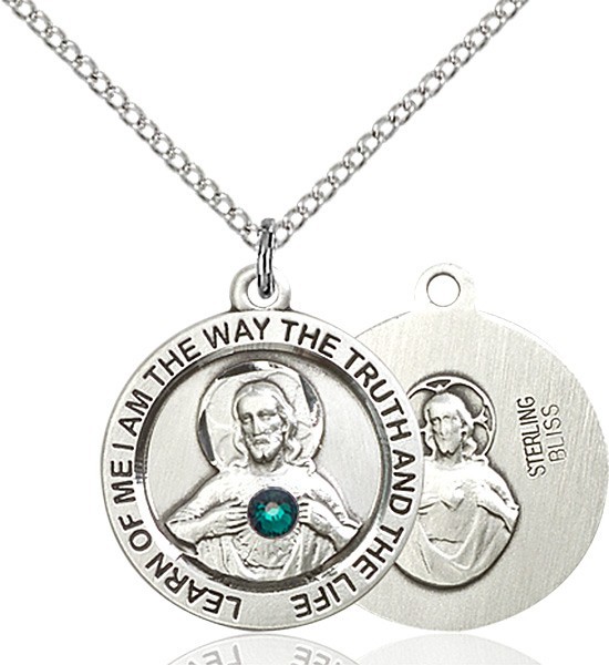 Round Medium Sacred Heart Pendant Birthstones - Emerald Green
