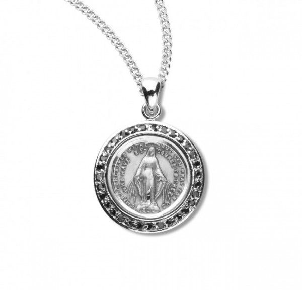Round Miraculous Medal with Clear Crystals - Silver | Black