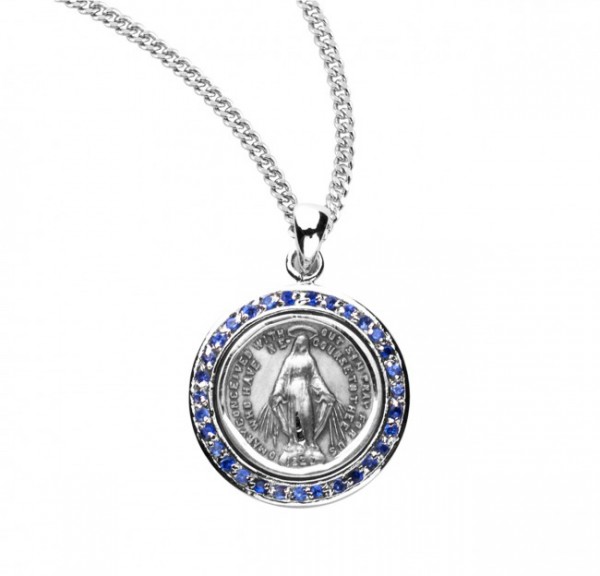 Round Miraculous Medal with Clear Crystals - Silver | Blue