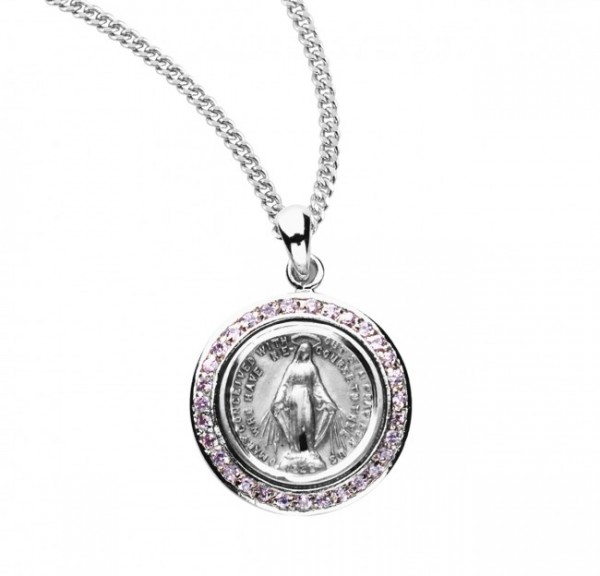 Round Miraculous Medal with Clear Crystals - Silver | Pink