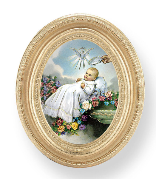 Sacrament of Baptism Small 4.5 Inch Oval Framed Print - Gold