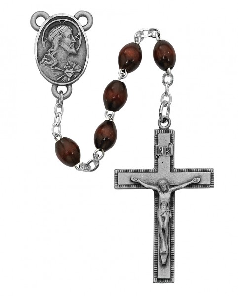 Sacred Heart Brown Wood Rosary - Brown