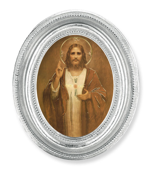 Sacred Heart of Jesus Small 4.5 Inch Oval Framed Print - Silver