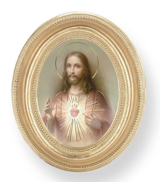 Sacred Heart of Jesus Small 4.5 Inch Oval Framed Print - Gold