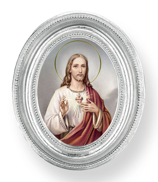 Sacred Heart of Jesus Small 4.5 Inch Oval Framed Print - Silver