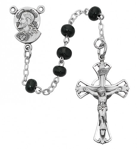Boys Sacred Heart Black Wood Rosary 5mm - Black