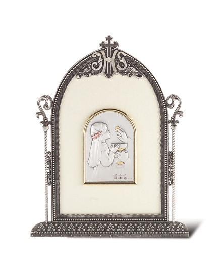 Salerni Sterling Silver First Communion Keepsake Plaque - Girl - Antique Silver