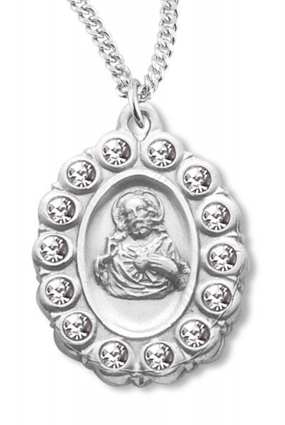 Clear Crystal Border Scapular Medal Sterling Silver - Sterling Silver