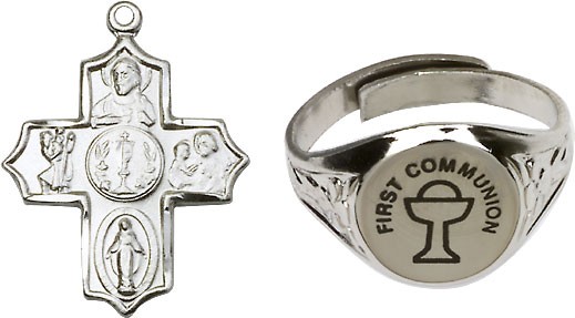 Silver Plate 4-Way Pendant with Communion Ring Set - Sterling Silver