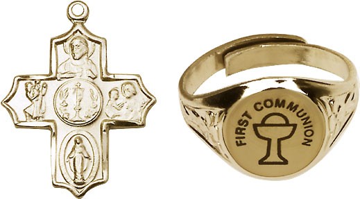 Silver Plate 4-Way Pendant with Communion Ring Set - Gold Tone