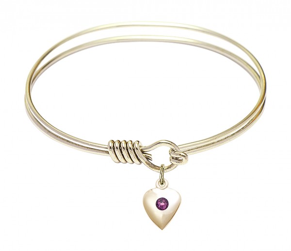 Smooth Bangle Bracelet with a Birthstone Puff Heart Charm - Amethyst