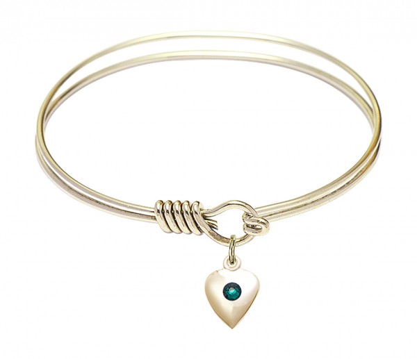 Smooth Bangle Bracelet with a Birthstone Puff Heart Charm - Emerald Green