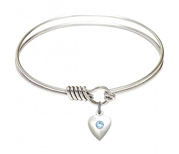 Smooth Bangle Bracelet with a Birthstone Puff Heart Charm - Aqua