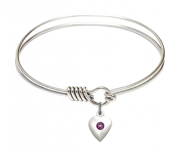 Smooth Bangle Bracelet with a Birthstone Puff Heart Charm - Amethyst